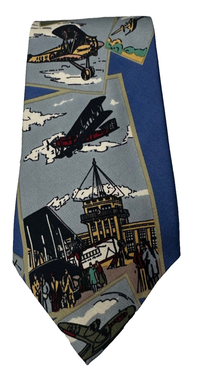NEW Vintage Nautica Hand Printed Airplane Tie Necktie Silk Made In England A5